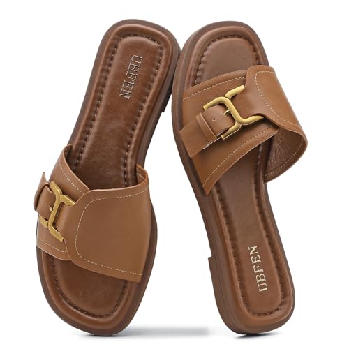 Image of UBFEN Womens Square Toe Flat Sandals Slides Dressy Comfortable for Beach