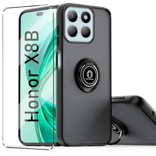 Cover e Vetrino Compatible con HONOR X8B antiurto Protezione Fotocamera 360° Metallo Anello Supporto Antiurto Hard PC Custodia Vetro temperato Pellicola protettiva silicone nero