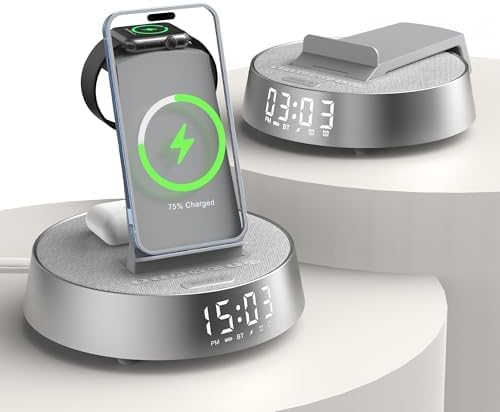 Estación de carga de reloj despertador para dormitorios, estación de carga inalámbrica con luz nocturna regulable, altavoz Bluetooth, cargador