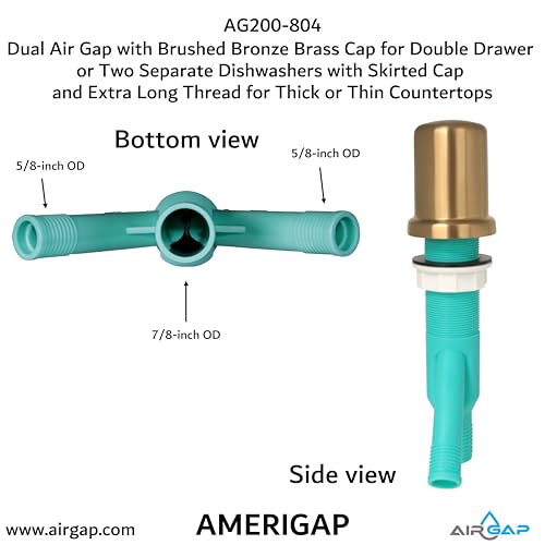 Image of Dual Air Gap with Brushed Bronze Brass Cap for Double Drawer or Two Separate Dishwashers with Skirted Cap and Extra Long Thread for Thick or Thin Countertops (AG200-804, AG200-X04, AMERIGAP)