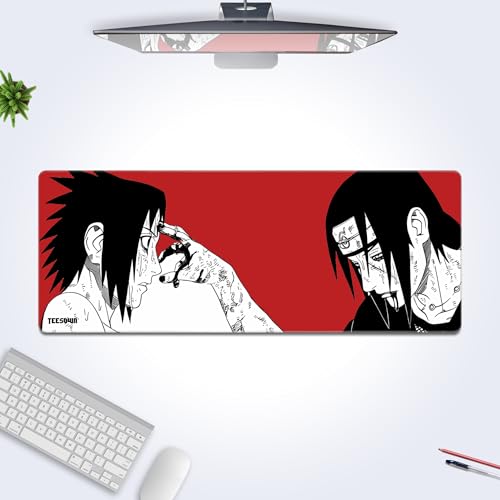 Image of Stitched Itachi & Sasuke Uchiha Desk Mat Anime XL Gaming Mouse Pad 12x31 Inch -Mouse Pad with Stitched Edges, Smooth Surface, Anti-Slip Rubber Base, Water Resistant