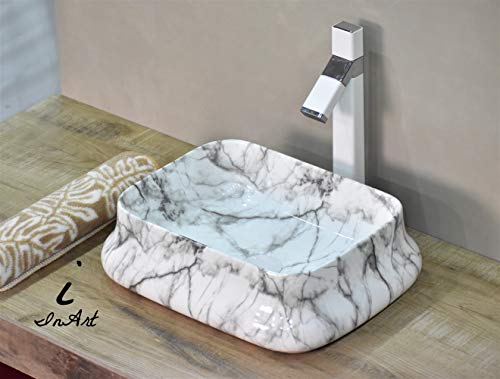 Image of InArt Designer table top wash basin for bathroom /bathroom sink /cabinet wash basin /ceramic basin /counter top basin /vanity washbasin in White Satvario Color 18 x 14 x 5.5 Inch