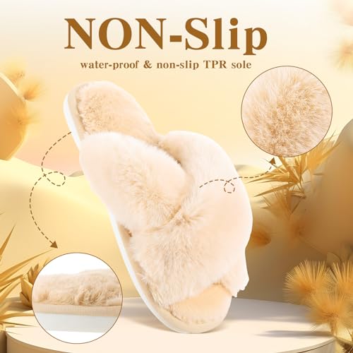 Image of 12 Pairs Women's Fuzzy Slippers Cross Band Open Toe Bridesmaid Fluffy Comfy House Slippers for Indoor Outdoor Wedding