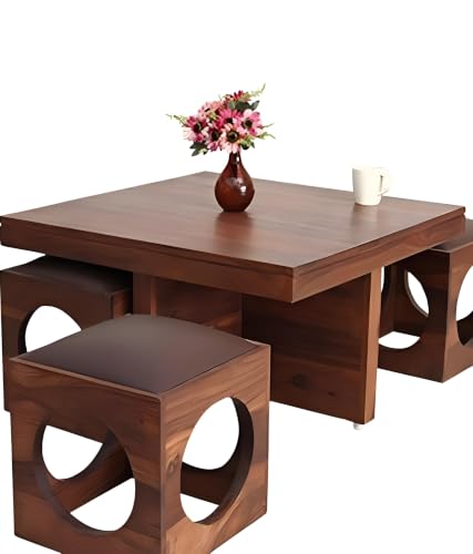 Image of Loonart Solid Sheesham Wood Coffee Table with Four Stools | Idel for Living Room | Cafe | Restaurant | Space Saving Indoor Table Set | Finish Color - Teak Finish |