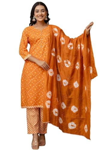 JG JAI GOVINDAM Indian Kurtis for Women Salwar Kameez Suit Set Indian Dresses Chikankari White Kurti Pant & Dupatta Set (US, Alpha, Large, Regular, Regular, Orange)