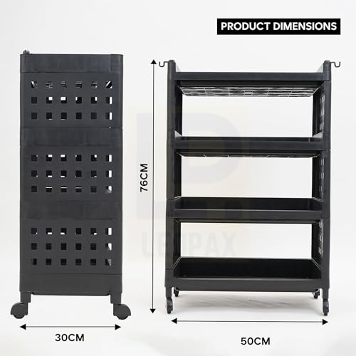 Image of LEOPAX 4 Layers Plastic Rolling Storage Rack | Multipurpose Stackable Storage Rack with Wheels for Kitchen Laundry Room Bathroom Office Home - Black (50 x 30 x 75cm)