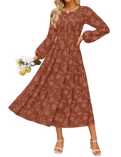 ZESICA Womens Fall Wedding Guest Long Sleeve Boho Midi Dress Rust L