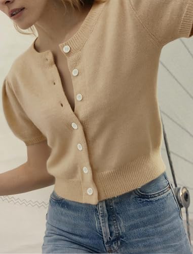 Image of Womens Puff Short Sleeve Cardigan Sweaters Cropped Button up Lightweight Y2k Knit Summer Cardigans
