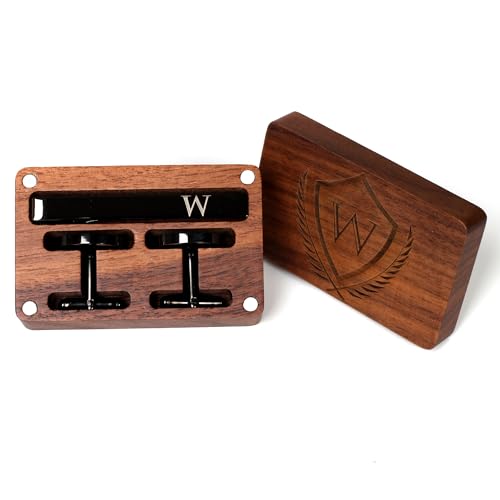 Image of Mens Initial Cufflinks and Tie Clip A-Z Alphabet Letter Black Stainless Cuff Links Tie Bar with Engraved Walnut Wood Box Groom Groomsman Wedding Set