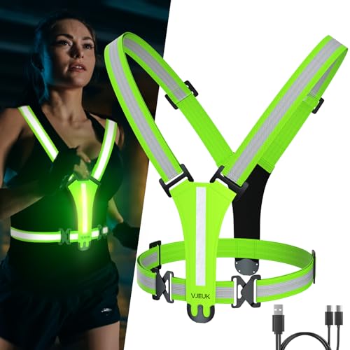 VJEUK Led Reflective Vest Running Gear?7 Lights Colors Light Up Running Vest, Rechargeable High-Visibility Adjustable Vest for Running, Cycling, and Night Activities?Green?