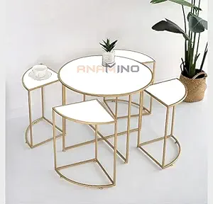 Anamino Shoppee Set of 4 Coffee Table, Living Room Furniture Nordic Metal Single Round Table Costume Vintage Home Decoration Side Tables Set- White Gold