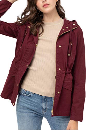 FASHION BOOMY Women's Zip Up Safari Military Anorak Jacket with Hood Drawstring - Regular and Plus Sizes Small H-24-BURGUNDY - Thumbnail 3