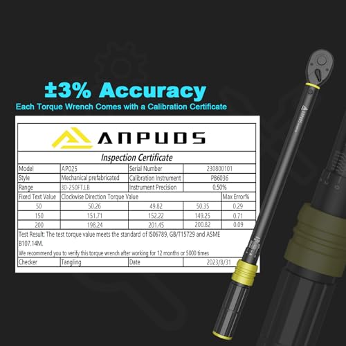 Image of ANPUDS 1 /2-Inch Drive Click Torque Wrench, 30-250 Ft-Lb / 40.7-339 Nm | ±3% Accuracy, Heavy Duty, 72-Tooth Dual Direction Reversible Ratchet, Dual Scale, for Car, Truck, SUV, RV, Tractor & Towing
