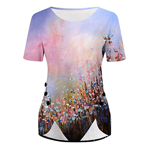 Blusas de gola redonda para meninas adolescentes, manga curta, colorblock floral, vitoriana, tie dye