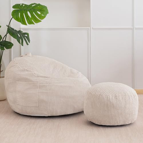 MAXYOYO Sillón Puff de Pana con Reposapiés para Niños, Sofá Puff y Puf con Relleno de Espuma, Sillón con Asa para Sala de Estar, Dormitorio, Juegos, Lectura y Relajación
