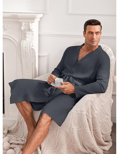 Ekouaer Mens Waffle Robe Lightweight Spa Bathrobe Knit Kimono Shower Robes V Neck Long Sleeve Sleepwear with Pockets3