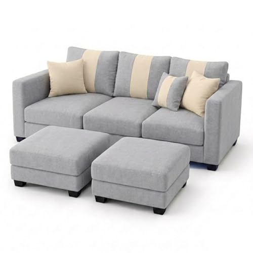 Image of Revo 5 Seater L Shape Sofa Set with 2 Movable Ottomans | Flexible Layout | Luxury Velvet Suede Fabric | Modern Living Room Sofa | Light Grey