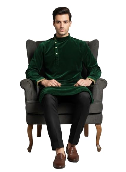 Generic Men's Green Velvet Kurta, Long Sleeve - Image 5