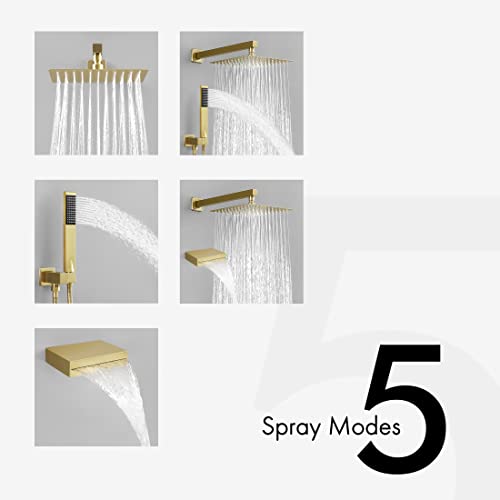 Bathroom Shower System With Waterfall Tub & 10 Inches Rain Shower Head & Handheld Shower 3-Funtions, Brushed Brass Xb6305-Bz #TOP4
