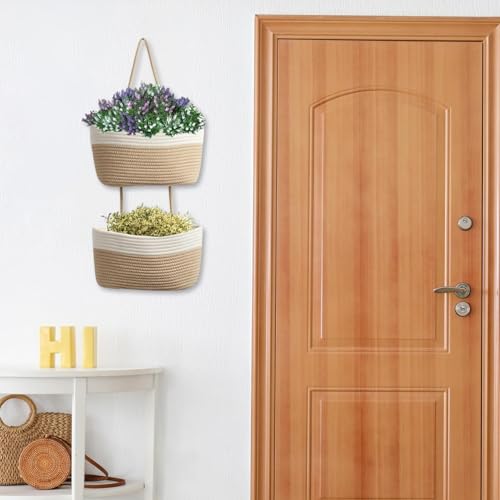 Cesta colgante de pared de cuerda de algodón con 2 niveles organizadores para el hogar 3