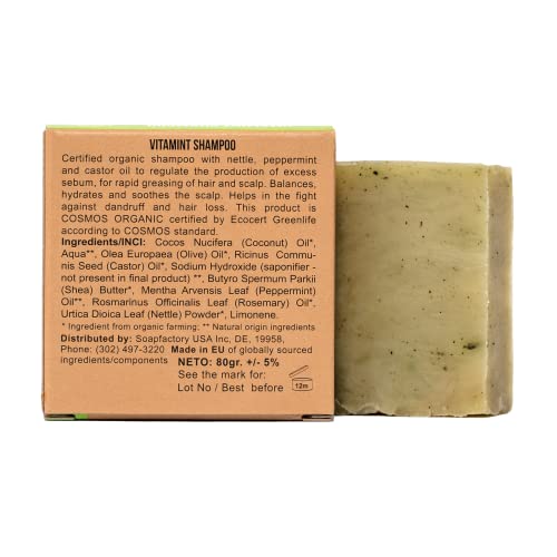 Soap Factory - Organic Solid Shampoo Bar With Nettle And Mint For A Healthy Scalp, Hair Soap For Men And Women, 100% Natural, Vegan, Sustainable, Handmade, Plastic Free, 3 Ounce (Pack Of 1) #TOP6