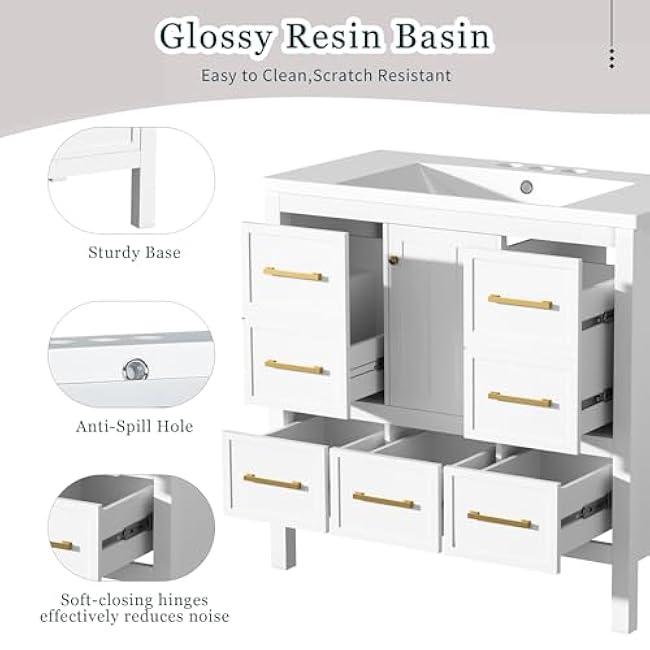 Bathroom Vanity Set, 36 Bathroom Vanity with Resin Sink Combo, Solid Wood Frame Bathroom Storage Cabinet with 5 Drawers & Soft Closing Doors, MDF Boards, Gold Metal Knobs