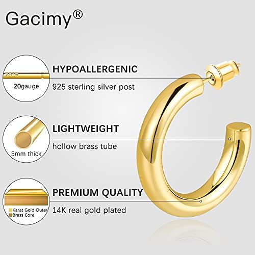 Gacimy Chunky Gold Hoop Earrings for Women 14K Real Gold Plated, 925 Sterling Silver Post Hoops for Women2