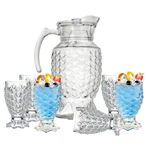 Image of bellemax Italian Premium Water and Juice Glasses Set of 6 and Jug Set Combo,(6 Pieces Glasses 270ML and 1 Water Juice Jug 1.8 Liter), Transparent, Glass and Jug Set for Dining Table (Traditional- A)