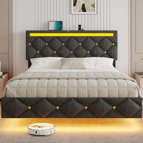DICTAC Double Floating Bed Frame 135x190 cm (4ft6)Platform Bed with LED Lights & Charging Station Adjustable Upholstered Headboard Silent&Sturdy Floating Illusion with MusicSync LED Lighting