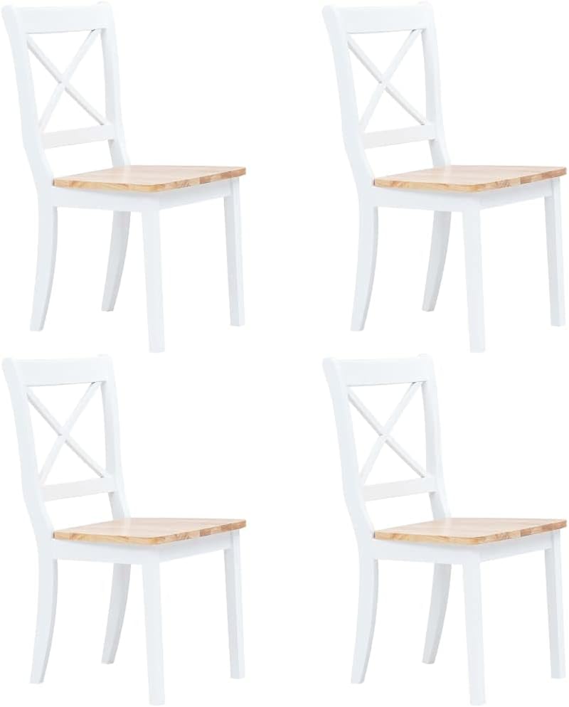 Dining Chairs 4 pcs White and Light Wood Solid Rubber Wood