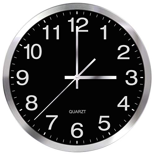 SIN&MI Wall Clock 12inch Metal Frame Glass Cover Non-Ticking Number Quartz Clock Modern Quartz Design Decorative Indoor/Kitchen Black