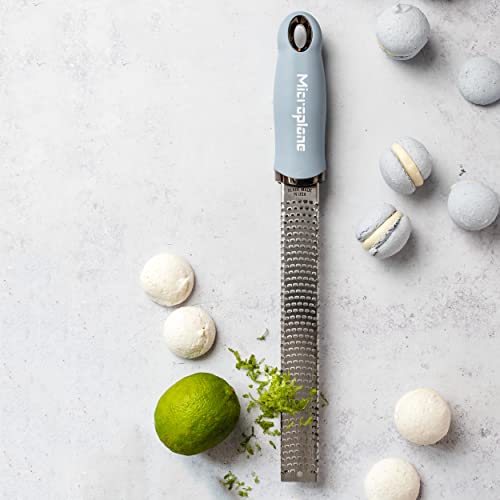 Image of Microplane Zester Grater in Sky Blue for Citrus Fruits, Hard Cheese, Ginger, Chocolate and Nutmeg with Fine Stainless Steel Blade - Made in USA