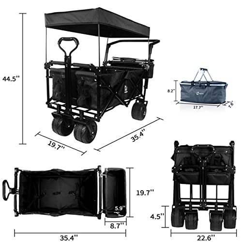 Carrinho dobrável com dossel removível, rodas grandes para todos os terrenos, freio, alças ajustávei