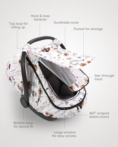 Image of Car Seat Cover Baby Girls, Infant Car Seat Canopy Outdoor, 2 Layers with Mesh and Sun Shade Window for Summer Winter, Easy Access Carseat Covers Snug Fit Baby Stroller - Brown Wildflower