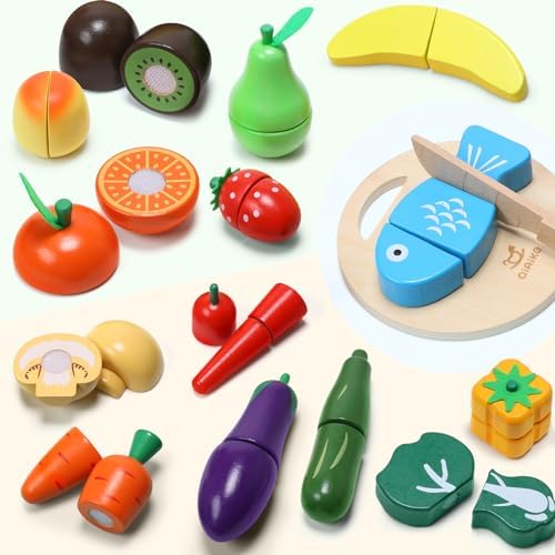 CUTE STONE Wooden Play Food Set, Pretend Play Cutting Fruits & Vegetables Accessories for Kids Toddlers, Toy Kitchen Food Playset, Educational Montessori Toys for 3 Year Old, Christmas Birthday Gift