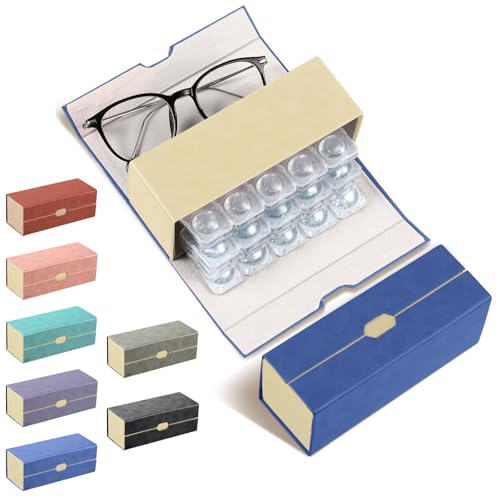 Flutesan Contact Lens Case, Leather, Blue, Double Sided Portable 2 in 1 Contact Lens and Eyeglass Case for Travel Outdoor Daily Use