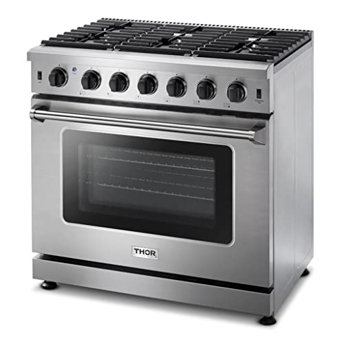 Thor Kitchen 36 Inch Freestanding Pro-Style Professional Gas Range With 6.0 Cu.ft. Oven, 6 Burners, In Stainless Steel - Lrg3601U + Lp Conversion Kit #TOP3