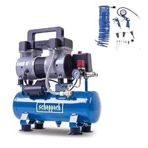 Scheppach HC08Si Ultra Silent Kompressor klein inkl. 14-tlg Zubehörset | 8bar Arbeitsdruck | 6L Kessel | 1, 5PS / 1100W | ölfrei & wartungsarm | Ansaugleistung 162 L/min | Leise Kompressor 67, 4 db(A)