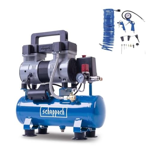 Scheppach HC08Si Ultra Silent Kompressor klein inkl. 14-tlg Zubehörset | 8bar Arbeitsdruck | 6L Kessel | 1,5PS / 1100W | ölfrei & wartungsarm | Ansaugleistung 162 L/min | Leise Kompressor 67,4 db(A)