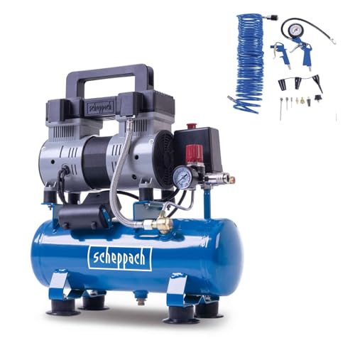 Scheppach HC08Si Ultra Silent Kompressor klein inkl. 14-tlg Zubehörset | 8bar Arbeitsdruck | 6L Kessel | 1,5PS / 1100W | ölfrei & wartungsarm | Ansaugleistung 162 L/min | Leise Kompressor 67,4 db(A)
