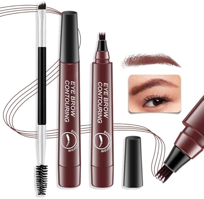 2Pcs Microblading Eyebrow Pen with Brow Brush,4 Tip Eye Brow Pencils for Women,Sponge Head Magical Precise Waterproof Brow Pen,Suake Eyebrow Contouring Pen,Creates Natural Brows - Red Brown