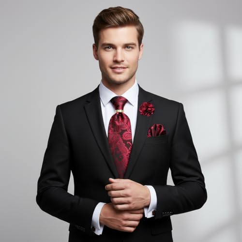Image of 5PCS Mens Silk Tie, Pocket Square, Cufflinks, Drilled Tie Ring and Lapel Pin Set for Wedding Groom Party