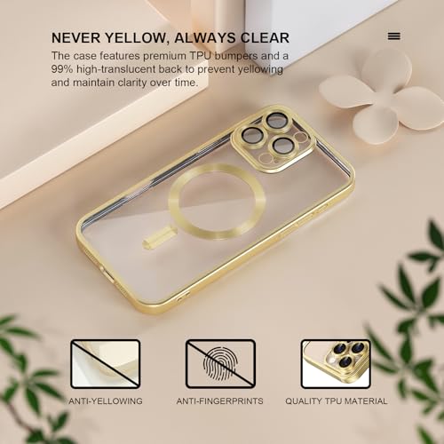 Image of Misea Magnetic for iPhone 16 Pro Max Case Compatible with MagSafe | Never Yellowing, Military Drop Protection, Full Camera Lens Protector Plating Soft Clear Phone Case Women, Titanium Gold