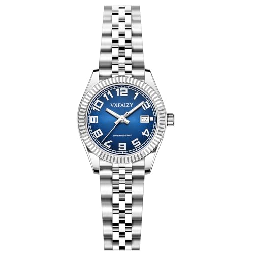 VXFAIZY Mujeres Clásico Fácil Lectura Tiempo Reloj Cálendar para Mujeres Resistente a Agua (Silver Blue)