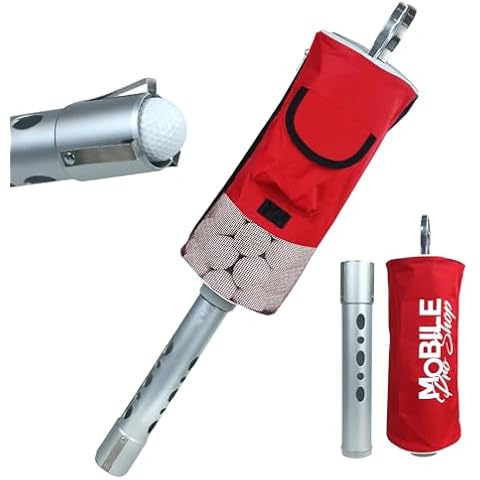 Golf Ball Retriever | Portable Golf Shag Bag | Collector with Detachable Aluminium Alloy/Plastic Tube with Pocket & Tee Holder Storage Picker (Red) Cover