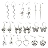 Veemoon Pendientes Colgantes Vintage 9 Piezas de Aleación Estilo Punk Diseño de Serpiente, Corazón y Insecto para Mujer y Niña, Accesorios de Joyería para Fiestas y Uso Diario