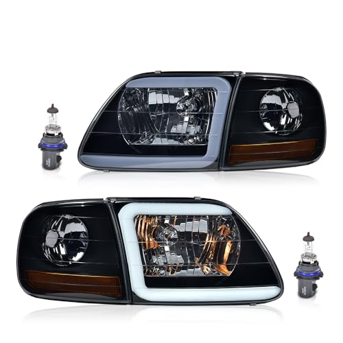 CROSSDESIGN Headlights (Faros Delanteros)&Corner Parking Lights - Automotive LED Headlight Assemblies for 1997-2004 Ford F150/1997-1999 F250/1997-2002 Ford Expedition - Clear Lens Smoky Amber w/Bulbs.