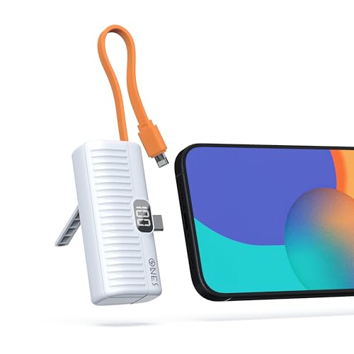ONES Mini Capsule Power Bank 5000 mAh Bateria Externa, Mini Cargador Portátil con Pantalla LED/Soporte para iPhone 16 15 14 13 12 11 Pro Samsung S23 S22 etc, Conector USB C y Cable Lighting, Blanco