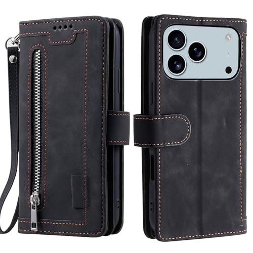 Étui portefeuille iPhone 15 noir avec fermeture éclair en cuir à rabat