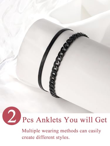 Image of FOCALOOK Anklet Bracelets Set for Women, 14K Gold Plated Waterproof Cuban Link Chain Layered Anklets Set for Plus Size Ankle 8-10.5 Inch Adjustable Summer Beach Jewelry Gift